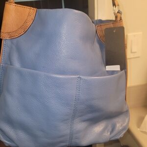 Blue and Tan Leather Shoulder Bag